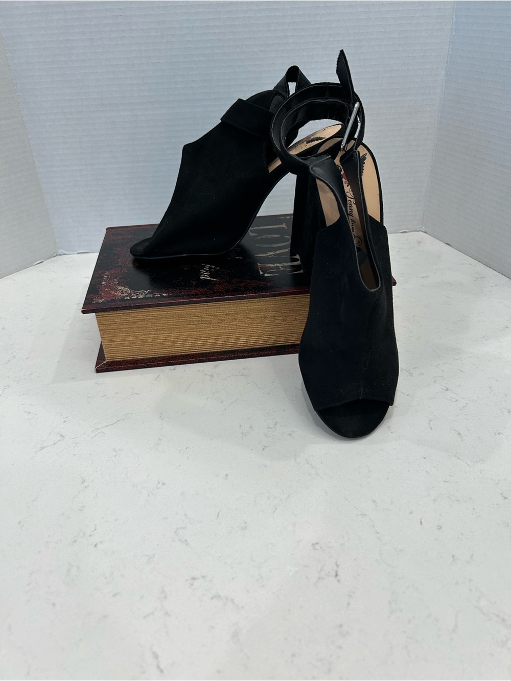 Penny Loves Kenny Black Suede Open-Toe Ankle Strap Booties